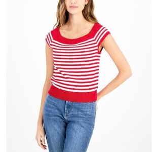 Tommy Hilfiger Striped Cap-Sleeve Sweater Womens Size L Red/White